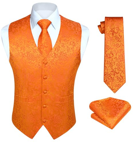 HISDERN Klassisk, blommig, paisleymönstrad jacquard-väst och slips för män, kostymväst med slip och fyrkantig ficka, 3XL