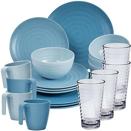 Melamin Geschirr Set 20 Teile elegante Steingut Optik in blau mit Wasserglas 400ml klar - für 4 Personen Essgeschirr Gläser Wasserglas Tumbler Whiskey - Campinggeschirr Picknick ideal Camping Outdoor