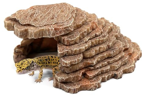 Gecko Hide Shale Scape Step Ledge, Reptile Cave Hideout Tank Accessories Decorations, Great for Reptiles, Amphibians, Leopard Gecko, Lizard, Frogs, Turtle (Small-7.3 * 4.4 * 3)
