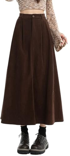 chouyatou Women's Fall Elastic High Waisted Corduroy Skirt A-Line Pleated Winter Midi Long Skirt (Medium, Brown)