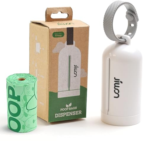 JIWON Dog Poop Bag Dispenser with 100% Compostable Refill Roll, Thick & Leakproof, Plant-Based, Fits Any Leash, 1 Dispenser and 15 Bags (1 Roll), Unscented