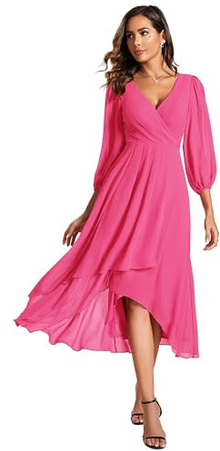Ever-Pretty Women's Chiffon V Neck 3/4 Sleeves Pleated A-Line Midi Length Wedding Guest Dress Hot Pink 16UK