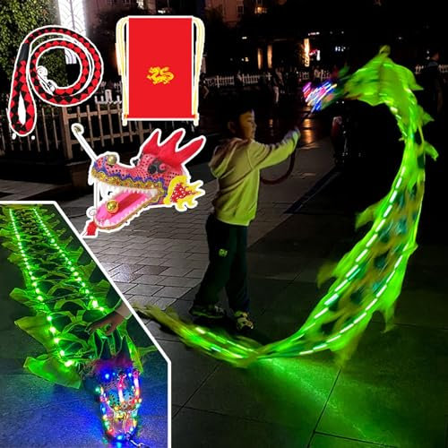 EXCLURA Jongliertücher LED-Drachen-Poi-Flowy-Streamer mit Kopf, Wirf Ein Leuchtendes Drachen-Poi-Band, Outdoor-Sport-Fitness Wu Langes Jonglieren mit Schaukelseil (Color : Green, Size : 3 m (9.8 ft))