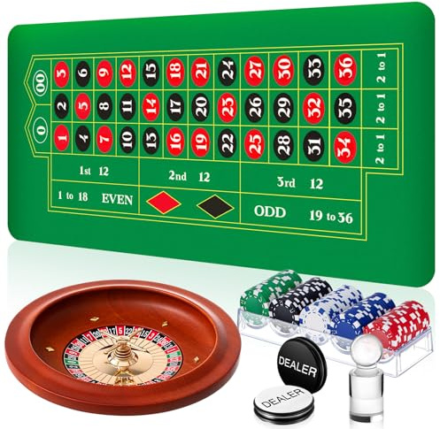 Lunmon Roulette Wheel Game Set Include 11'' Solid Wood Roulette Wheel 35 x 16 Rubber Portable Tabletop Layout Mat 100 Chips Marker Dealer Button