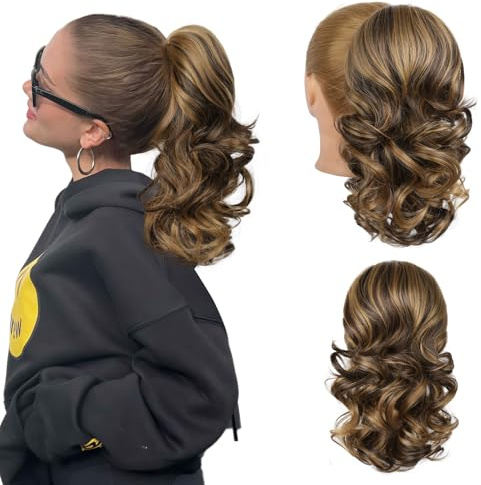 Flufymooz Ponytail Extension, 14 Inch Short Drawstring Ponytail Hair Extension for Women, Soft Synthetic Pony Tails Hairpiece for Women (Chocolate Brown with Medium Blonde)