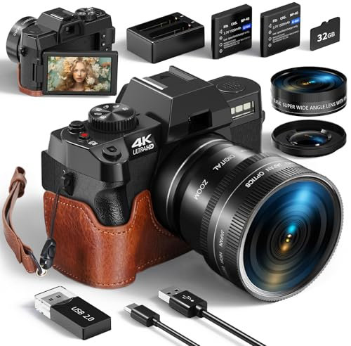 Monitech 48MP Digitalkamera 5K Videokamera Reversible Display Point and Shoot Kameras für Fotografie 16X Digitalzoom Digitalkameras für Fotografie Vlogging Kamera für YouTube mit 32GB Karte Black