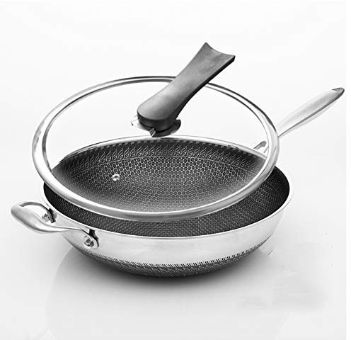 38 cm non-stick induktionswok med härdat glaslock och halkfria handtag rör stekpanna för matlagning