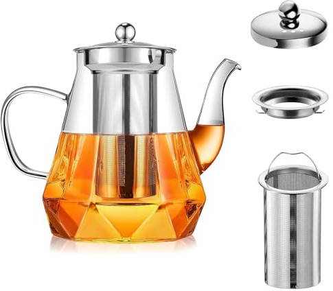 Tekanna med sil insats 1000 ml, värmebeständig tekanna glas med tesil i rostfritt stål, droppfri och diskmaskinssäker, glastekanna för löst te, teblommor och örtte