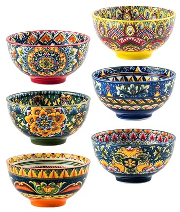 Henten Home Scodelle per Zuppa, Ciotole da Dessert in Ceramica - 300 ml, Ciotole Snack per Gelato, Riso, Dessert, Set di 6 Ciotole da Portata Colorate - Stile Bohémien