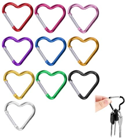 Lot de 10 Mousquetons en Forme de Cœur, Mousquetons en Alliage d'Aluminium Coloré pour Camping, Voyage et Usage Quotidien, Crochets Polyvalents Légers et Durables (Multicolore)