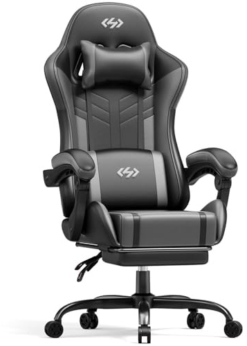 HLONONE Gaming Stuhl mit Massagefunktion, Ergonomischer Gamer Stuhl, Racing Gaming Sessel mit Fußstütze, Kopfstütze und Massage Lendenkissen, Gepolstert PC Stuhl, 150 kg Belastbarkeit, Schwarz-Grau