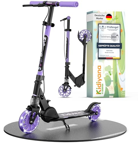 Kidiyana Barnsparkcykel från 5 År upp till 50 kg, Sparkcykel för Pojkar och Flickor med 120 mm PU Hjul med Ljus, ABEC-5 Kullager, Handbroms, Stötdämpning, Hopfällbar