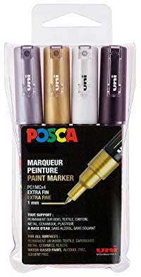 POSCA Mitsubishi Pencil - 4 Marqueurs Métalliques PC1MC Pointe Extra Fine Conique - Marqueurs Peinture à Base d'Eau - Tout Support - Pour Papier, Textile, Verre, Galet, Bois, etc.