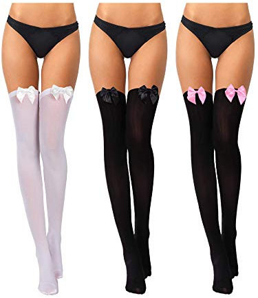 Boao 3 Paar Damen Schleifen Spitze Overknee Strümpfe Oberschenkelhohe Socken für Halloween Valentinstag Kleid