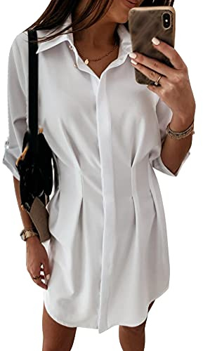 ORANDESIGNE Camicia Lunga Donna Vestito Vestiti Corti Eleganti Estivo Camicetta con Manica Lunga Bluse Shirt Casual Imitazione Seta Sottile Vestito Abito con Scollo a V e Lacci B Bianco M