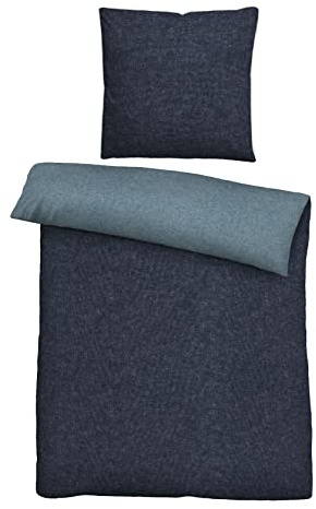 biberna Melange-Flanell Bettwäsche 135x200 cm, 2-teilig mit Kissenbezug 80x80 cm, 100% Baumwolle, Biber, mit Paspel, wärmend & weich, Reißverschluss, Winterbettwäsche, Uni, blau, Modell 0840500