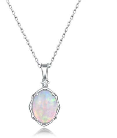 PHNIBIRD Damen Silber Kette Opal Anhänger 925 Sterling Silber Halsketten Anhänger Oval Frau/Mädchen/Hochzeit/Party/Tägliches Tragen