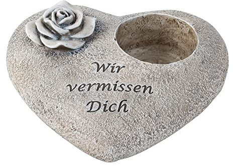Grabschmuck Herz „Wir vermissen Dich“ mit Rose & Kerzenhalter wetterfeste Grabdeko aus Kunststein 8x11,5 cm Trauerdeko für Friedhof, Urnengrab oder Gedenkstelle (Herz mit Rose - Wir vermissen Dich)