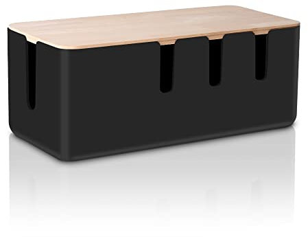 Cable Management Box by Baskiss, Solid Wood Lid, Cord Organizer for Desk TV Computer USB Hub System to Cover and Hide & Power Strips & Cords (Black, Medium Size)