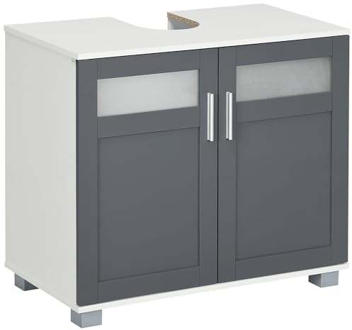 kleankin Mueble para Debajo del Lavabo Armario Bajo Lavabo con 2 Puertas de Vidrio Templado y Estante Ajustable 69x35x59 cm Blanco y Gris