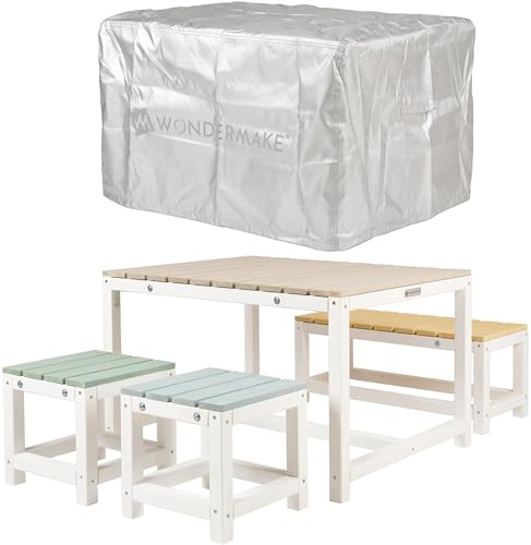 WONDERMAKE® Gruppo di seggiolino per bambini, per esterni, in legno con copertura, per interni, gruppo picnic a partire dai 3 anni, bianco colorato