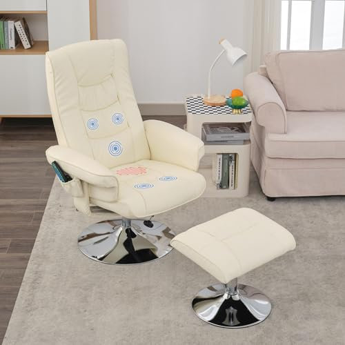 DEKKETO Relaxsessel Mit Hocker, Stressless Fernsehsessel Mit Liegefunktion, 360° Drehsessel FüR Wohnzimmer, Relaxsessel Drehbar Modern Mit Seitentasche, Tv Sessel Aus Kunstleder, Beige