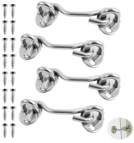 ChauLanBow Pack of 4 Storm Hooks with Eyelet, Stainless Steel Storm Hooks with 16 Mounting Screws, Hook with Eyelet, Gate Hook Lock, Window Hook, Garage Door Window (3 in/7.5 cm)
