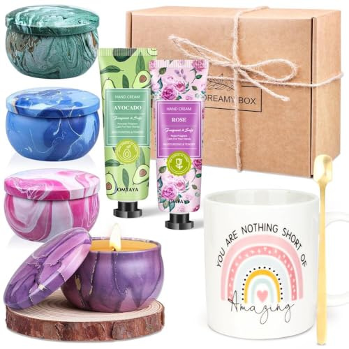 Regalos Originales para Mujer,Velas Aromaticas Regalos Navideños Perfectos para Mujeres | 4 Velas Perfumadas +Taza de Café+ 2 Crema de Manos | Ayuda a Aliviar el Estrés y la Fatiga