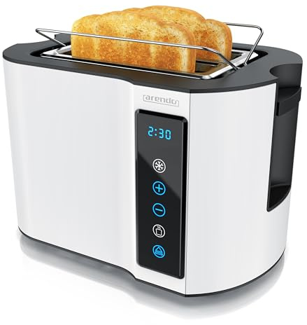 Arendo - Touch Toaster 2 Scheiben Edelstahl - Touchpanel - digital Display Restzeitanzeige - 800 W – Doppelwandgehäuse – mit Brötchenaufsatz – 7 Bräunungsgrade – Brotscheibenzentrierung - Weiß Matt