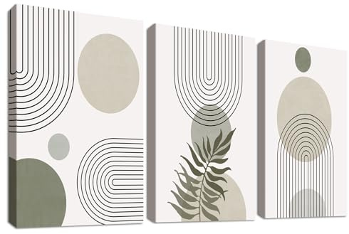 3 st. väggkonst i träramar, abstrakta boho-canvastryck i salviagrön, geometriska linjer i beige och grönt, bilder för vardagsrum, sovrum, kök, hall, trappa, väggdekoration, 40 x 60 cm x 3 st