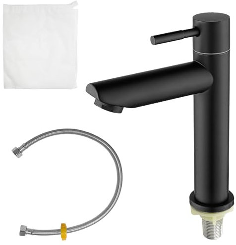 Robinet Salle Bain Noir, Robinet Cuisine à Eau Froide en Acier Inoxydable avec 60cm Tuyau de Raccordement, Robinet Eau Froide Noir pour WC, Robinet Lavabo Noir Eau Froide