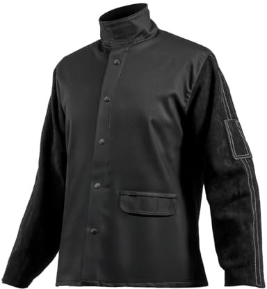 VEVOR Chaqueta de Soldador Resistente al Fuego, XXL, Piel de Vacuno Dividida Resistente y Cuerpo de Algodón, con Botones a Presión y Bolsillos, para Montadores, 810,1 x 1422,4 x 914,4 mm, Negro
