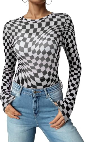 Acelitt Womens Fashion 2025 Checkerboard Shirts Crewneck Summer Sexy Sheer Mesh Blouse Checkered Print Long Sleeve Tops Black XL