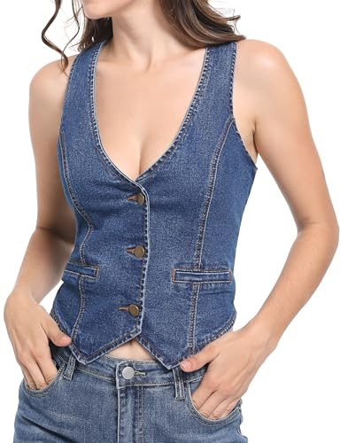 Foucome Womens Denim Vest Sleeveless V Neck Cropped Jean Vest Top (Dark Blue, XL)