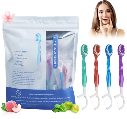 26 Cepillos de Dientes Desechables 5 en 1 Portátiles para Viaje, con Pasta de Dientes Pre-aplicada, Hilo Dental, Limpiador de Lengua y Palillo, Mini Cepillo para Higiene Bucal, Frescura Inmediata