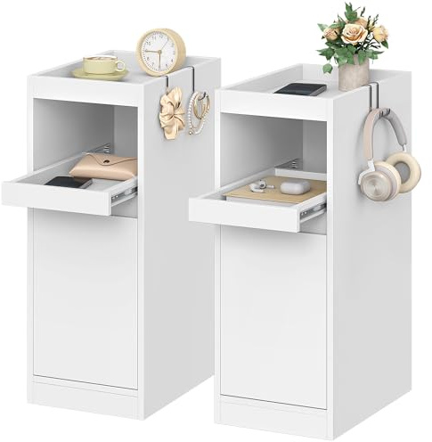 HEXCELEN Slim Bedside Table, Set of 2, Narrow Bedside Cabinet with Tray, Nightstand with 1 Door, Side Table with 2 Hooks, for Bedrooms, Living Rooms, Modern, White, 35 × 24 × 64 cm