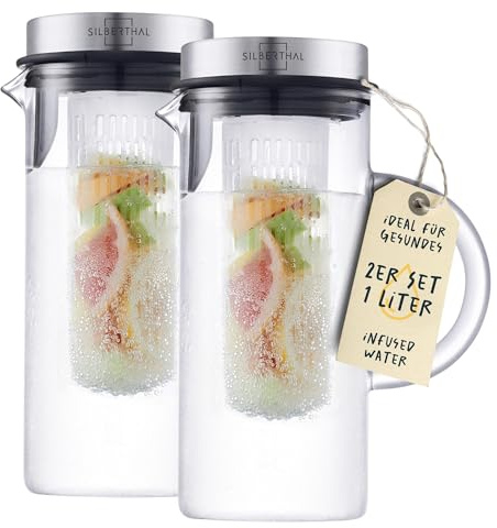 SILBERTHAL Glaskaraffe 2er Set mit Frucheinsatz - 1 Liter Karaffe mit Deckel- Spülmaschinenfest & Hitzebeständig