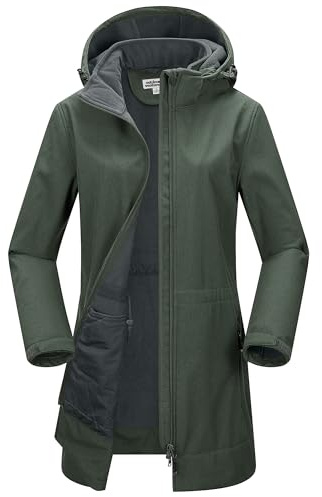 Outdoor Ventures Damen Softshell Lange Jacke mit Kapuze Fleece gefütterte Winddichte Jacke für Frauen Wasserdichte Windjacke Kieferngrün L