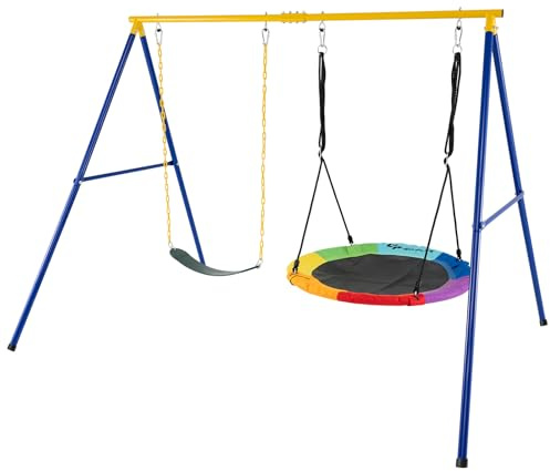FANTASK Columpio Doble para Exteriores con Columpio Infantil y Nido, Estructura de Columpio para niños hasta 300 kg, Juego de Columpio con Estructura de Metal