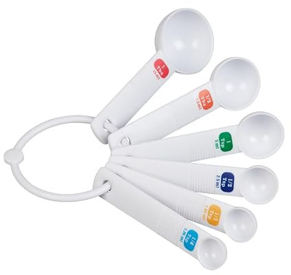 Tala Plastic Measuring Spoons, Set of 6 Spoons with 1/4 TSP/1.25ml - 1/3tsp/1.65ml - 1/2 TSP/2.5ml - 1tsp/5ml - 1/2tbs/7.5ml - 1 tbs/15ml Measurements, White