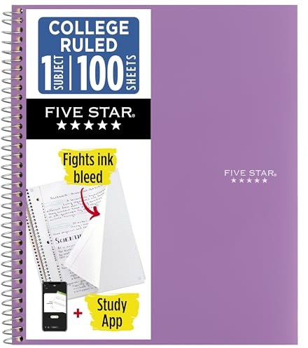Five Star Spiral Notebook + Study App, 1 Subject, College Ruled 8.5 x 11 Paper, 100 Sheets, Purple (820002CF1)