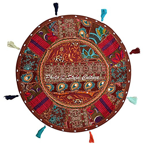 Stylo Culture Ethnic Yoga Throw Pillows for Bedroom Vintage Bohemian Patchwork Cushion Cover Dark Brown Round Throw Pillow 18 Small Decorative Seat Pouf Cover Footstool Cotton Embroidered 1 Pc