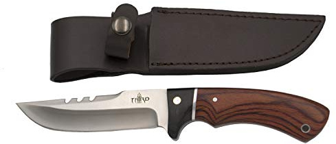 THIRD Cuchillo de Caza 13572PW, con Hoja de Acero 440 de 12,4 cm Acabado Satinado, Mango de pakkawood y Madera Negra. Incluye Funda de Piel