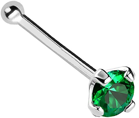 Jewelry Avalanche 22G Solid 14Kt Gold Nose Bone Stud with Prong Set real Emerald Gemstone, 14kt Yellow Gold or 14kt White Gold - May Birthstone Nose Ring-NBWG_ED-2.5MM