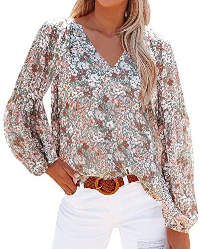 Petalum Blommig blus dam ledig långärmad chiffong T-shirt lättviktig v-ringad blus blommig skjorta vår höst, Mörkgrön, 44/46