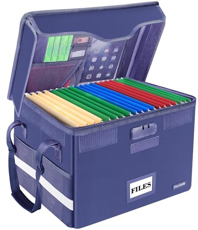 DocSafe File Box Fireproof Document Box with Lock,File Storage Organizer Box with Insert Pocket,Collapsible Portable File Box Home Office File Cabinet with Handle for Hanging Letter/Legal Folder,Blue