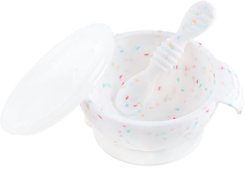Bumkins Suction Silicone Baby Feeding Set, Bowl, Lid, Spoon, BPA-Free, Vanilla Sprinkle