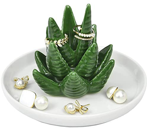 Ceramic Aloe and Cactus Ring Holder Dish for Ceramic Plant Jewelry Dish Bracelet Earrings Necklace Organizer Tray for Jewelry,Christmas Birthday Mother's Day Gifts