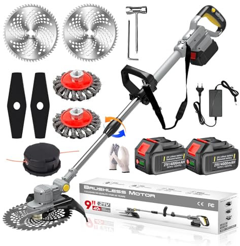 Desbrozadora Electrica 21V, Desbrozadora Bateria Brushless 4 En 1 Cortabordes Bateria Brushless Cortacesped Electrico con 2 Baterías 4.0Ah, Cepillo de Malas Hierbas, Tubo Telescópico,Grey