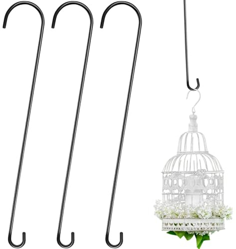 Leriton 3 Pack 36 Inch Extra Long S Hooks for Hanging Plants, Heavy Duty Metal Tree Branch Hangers for Bird Feeders Flower Baskets Lanterns Black Vinyl Coated Garden Extension Hooks